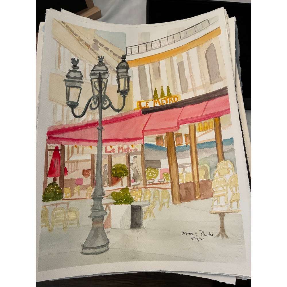 Le Metro Cafe Paris France 2021 Warren C Plauche Original Watercolor Painting